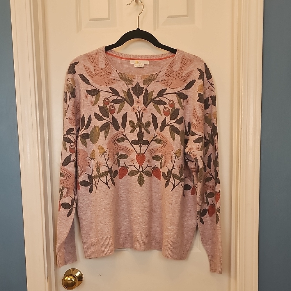 Boden Pink Floral Embroidered Crewneck Sweater